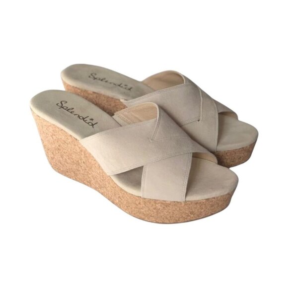 NWT SPLENDID Cork Wedge Sandals Sz.10 Cream Suede Platform Coastal Chunky - Picture 1 of 10